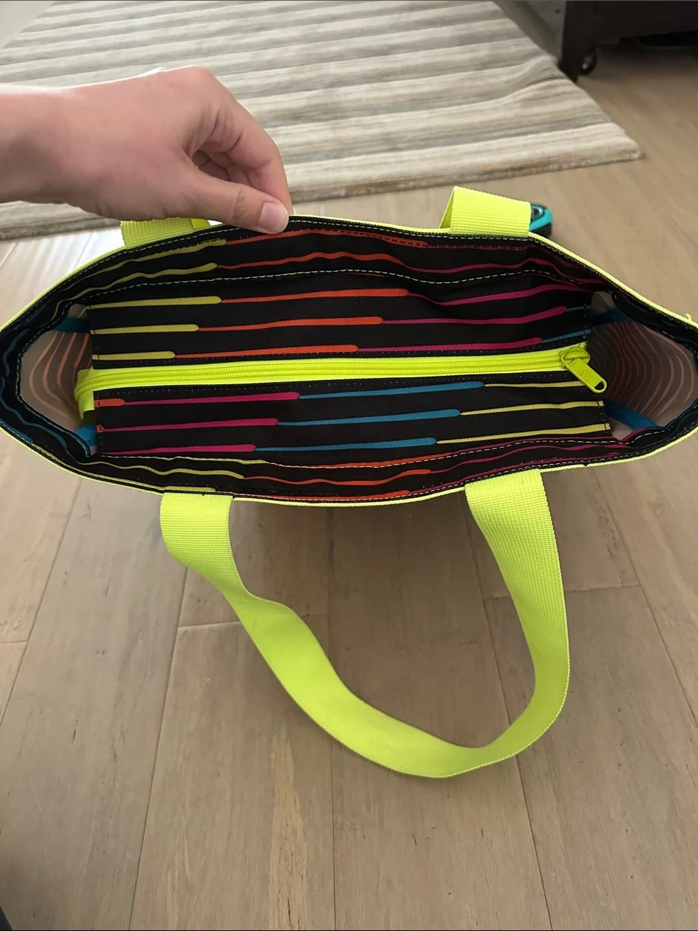 adidas Black Tote with Neon Yellow Trim and Multicolor Stripes Zip Top - Picture 3 of 9